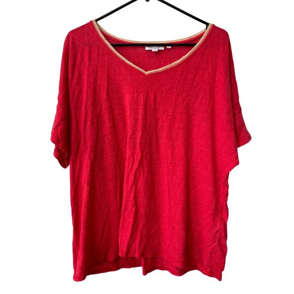 Chicos Top Size XL Short Sleeve VNeck Contrast Trim Lightweight Linen Essentials - Picture 1 of 8
